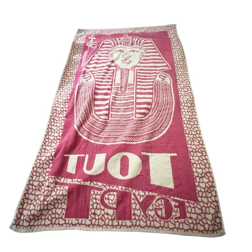 Vintage King Tut Egyptian Beach Towel Pink White Ankh Eye of Ra